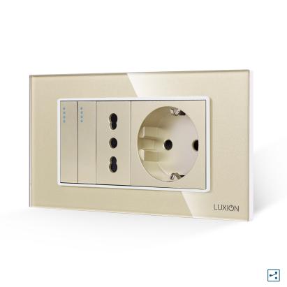 Intrerupator Dublu Cap Scara + Priza Ingusta + Priza Schuko cu Rama din Sticla LUXION, Standard Italian, 4M SmartElectro IntelligentHouse