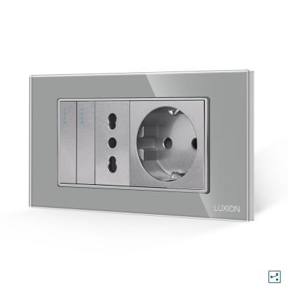 Intrerupator Dublu Cap Scara + Priza Ingusta + Priza Schuko cu Rama din Sticla LUXION, Standard Italian, 4M SmartElectro IntelligentHouse
