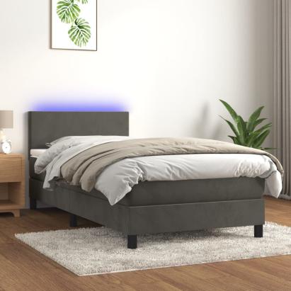Pat cu arcuri, saltea și LED, gri închis, 90x200 cm, catifea GartenMobel Dekor