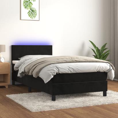 Pat cu arcuri, saltea și LED, negru, 90x200 cm, catifea GartenMobel Dekor