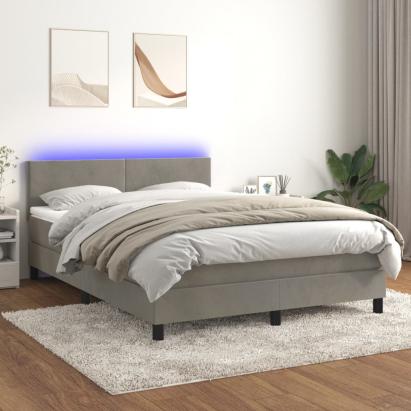 Pat continental cu saltea și LED gri deschis 140x190 cm catifea GartenMobel Dekor
