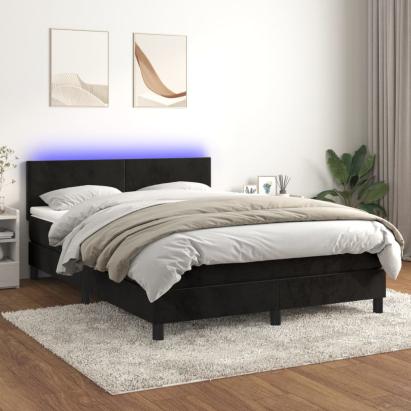 Pat cu arcuri, saltea și LED, negru, 140x190 cm, catifea GartenMobel Dekor