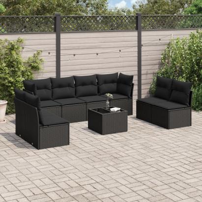Set mobilier de grădină cu perne, 9 piese, negru, poliratan GartenMobel Dekor