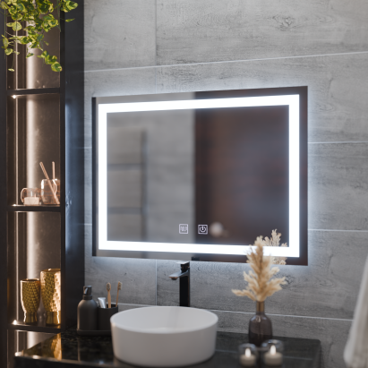 Oglindă LED pentru baie 80x60 cm, touch, dimabilă, cu dezaburire, dreptunghiulară