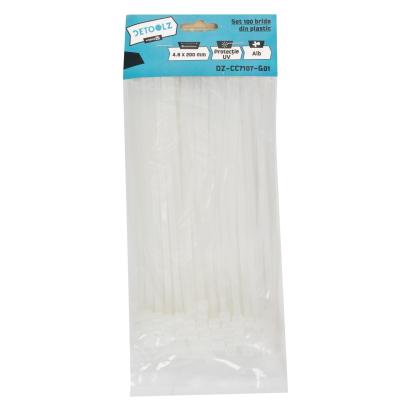 Set 100 bride plastic Detoolz 4.8x200 mm, albe, cu protectie UV