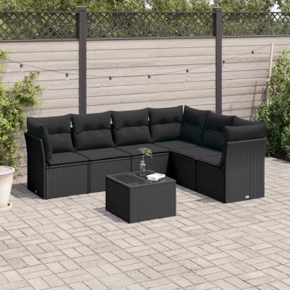 Set canapele de grădină cu perne, 7 piese, negru, poliratan GartenMobel Dekor