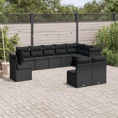 Set canapele de grădină cu perne, 10 piese, negru, poliratan GartenMobel Dekor