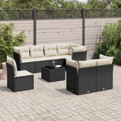 Set mobilier de grădină cu perne, 9 piese, negru, poliratan GartenMobel Dekor