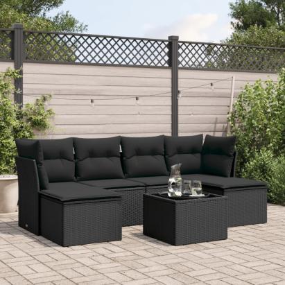 Set canapele de grădină cu perne, 7 piese, negru, poliratan GartenMobel Dekor