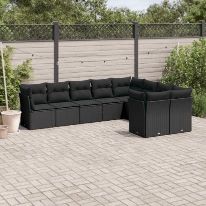 Set mobilier de grădină cu perne, 9 piese, negru, poliratan GartenMobel Dekor
