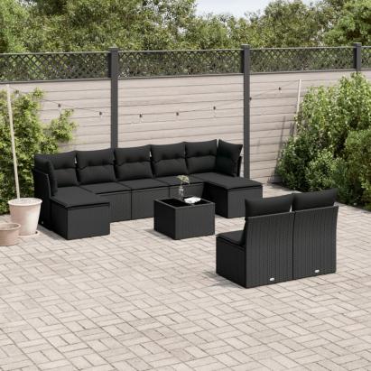 Set canapele de grădină cu perne, 10 piese, negru, poliratan GartenMobel Dekor