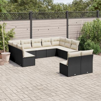 Set canapele de grădină cu perne, 11 piese, negru, poliratan GartenMobel Dekor
