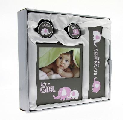 Set ramă foto baby 10x15 cu cutiuțe suviță, dințișor și certificat – roz