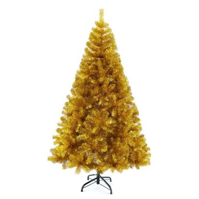 Brad artificial auriu 210 cm cu LED și fibră optică, suport pliabil, 10 moduri