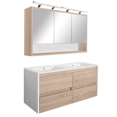 Set mobilier baie Leziter Porto 120 cm, alb cu stejar sonoma, lavoar dublu