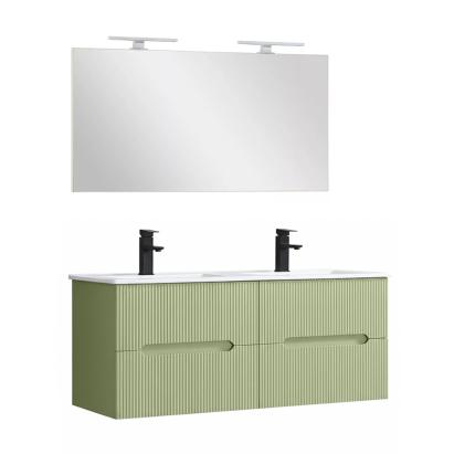 Set mobilier baie Leziter Trent 120 cm cu lavoar dublu si oglinda, verde deschis