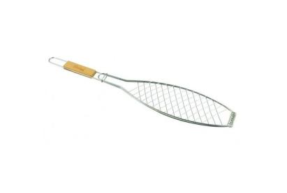 Grill pentru pește cu clemă, fier cromat și mâner din lemn, 68 cm