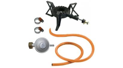 Set arzator pe gaz din fonta cu 3 picioare, furtun si regulator PB 30 mbar