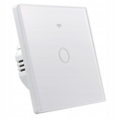 Intrerupator smart touch WiFi simplu, panou sticla alba, Tuya Android/iOS, LED