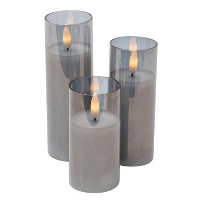 Set 3 lumânări LED alb cald cu efect flacără, în suport din sticlă