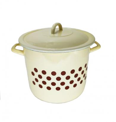 Oală emailată de 10L, bej cu buline, cu capac – din oțel emailat