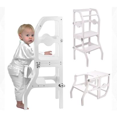Learning tower pliabil 2 în 1 din lemn, alb – scaun înălțător și masă copii
