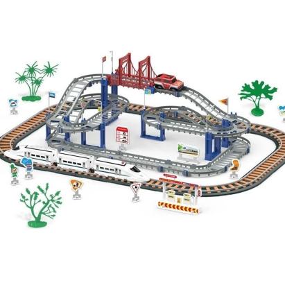 Pistă flexibilă cu tren de viteză și mașinuță, set 108 piese, 3 ani+