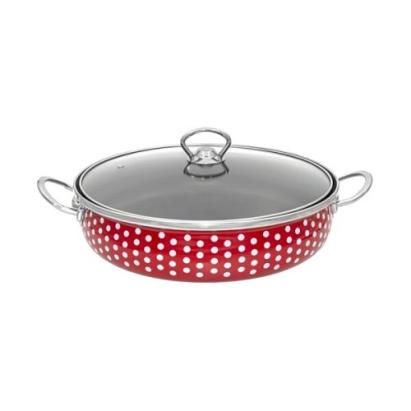 Oală tip tigaie emailată cu buline, antiaderentă, cu capac din sticlă, 28 cm