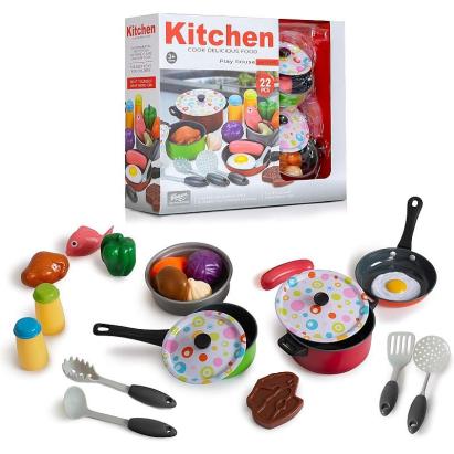 Set accesorii bucatarie pentru copii, 22 piese cu oale metalice si alimente, multicolor