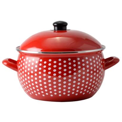 Oală emailată Perfect Home cu capac, roșie cu buline, 22 cm, 4,8 L