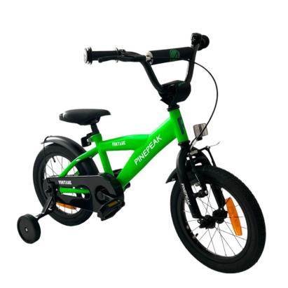 Bicicletă copii 14 inch verde, cu roți ajutătoare detașabile și frâne V-Brake