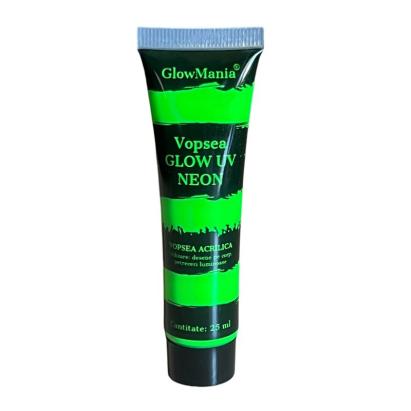 Vopsea UV neon verde GlowMania pentru body painting, glow sub UV, 25 ml