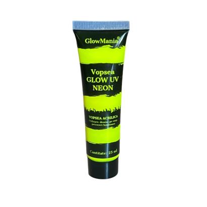 Vopsea UV neon galben GlowMania 25 ml, pe baza de apa, pentru body painting