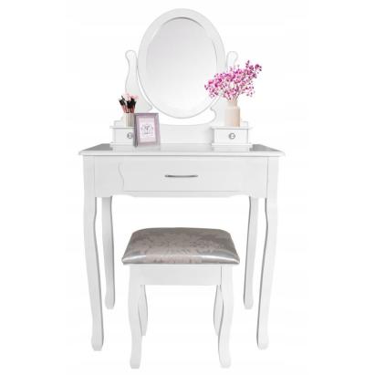 Masă de toaletă cu scaun, oglindă ovală și 3 sertare, design vintage, alb