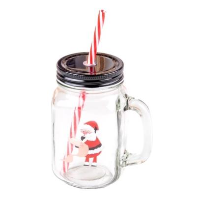 Cană de Crăciun din sticlă cu pai și capac metalic, 450 ml