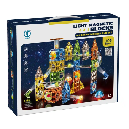 Set magnetic de construcție 3D STEAM cu circuit luminos și traseu bile, 105 piese