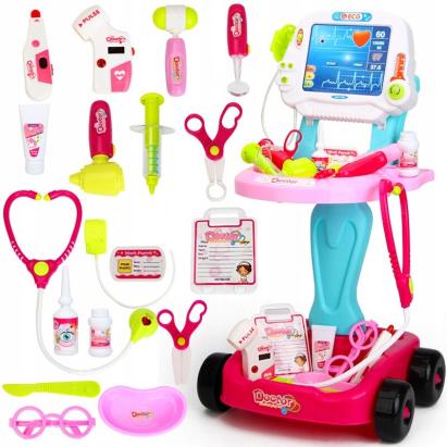 Kit medical pentru copii, 18 piese, carucior cu ekg, stetoscop, otoscop, bisturiu, foarfece, sunete si lumini, inaltime 58 cm
