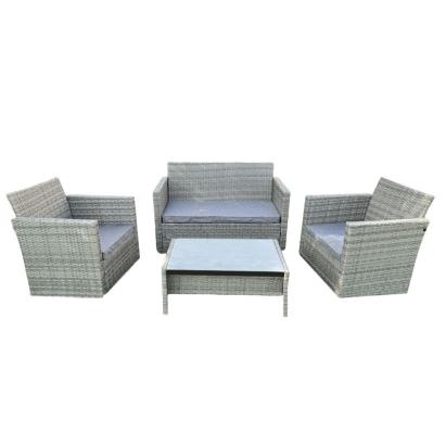 Set mobilier de grădină din ratan gri, 4 piese cu perne și măsuță cu blat din sticlă