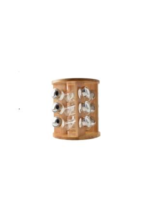Suport rotativ pentru condimente cu 12 recipiente din sticlă, cu inserții din lemn