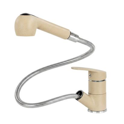 Robinet de bucătărie Leziter Carol bej, cu duș extractabil și finisaj efect granit