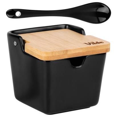 Zaharnită din ceramică neagră 250 ml, cu capac din bambus și linguriță inclusă