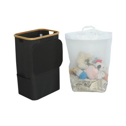 Coș de rufe Leziter 100L negru, cu sac detașabil și cadru bambus, 44x33x67 cm