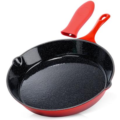 Tigaie din fontă emailată 30 cm roșie, cu husă din silicon, Vilde Cast Enamel