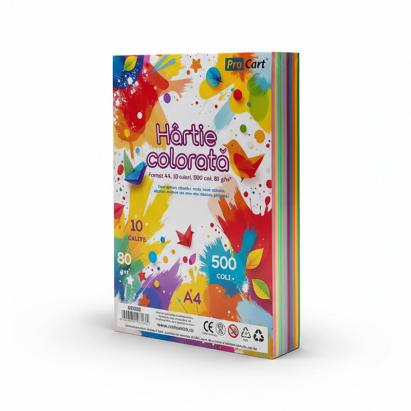 Hârtie colorată A4 80 g/mp, top 500 coli, 10 culori intense pentru birou și școală