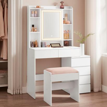 VASAGLE Masa de toaleta cu taburet si oglinda, iluminare LED reglabila, 6 sertare, 98x40x145 cm, alb Household NewTrend