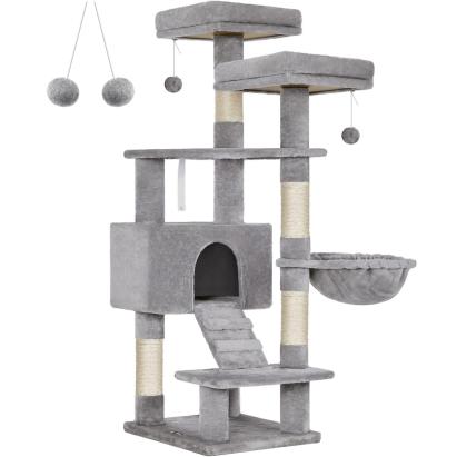 FEANDREA Ansamblu de joaca pentru pisici, tip copac, cu 3 culcusuri si ascunzatoare, 50x45x142cm, gri deschis Household NewTrend