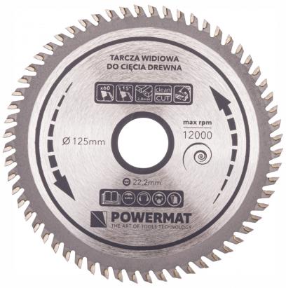 Disc circular Powermat pentru lemn 125 mm, 60 dinți, prindere 22,2 mm TCT