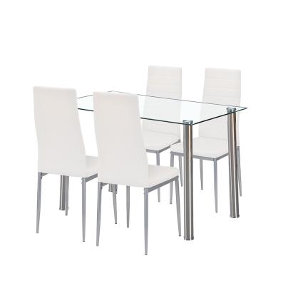 Set de dining Leziter Mateo 4+1 alb-gri cu masă din sticlă pentru 4–6 persoane