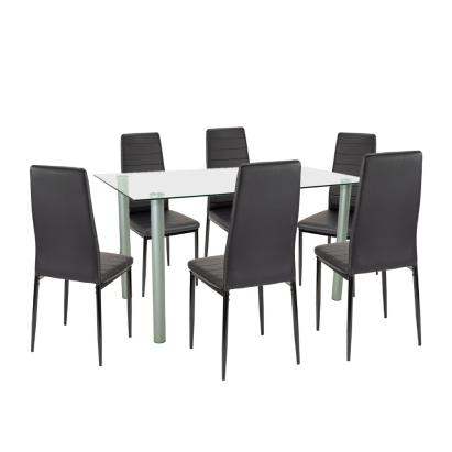 Set masă dining Leziter Verna 6+1, sticlă securizată, 6 scaune negre
