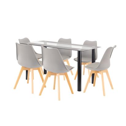 Set dining Leziter Zelma 6+1 cu masă din sticlă și 6 scaune gri, 140 cm